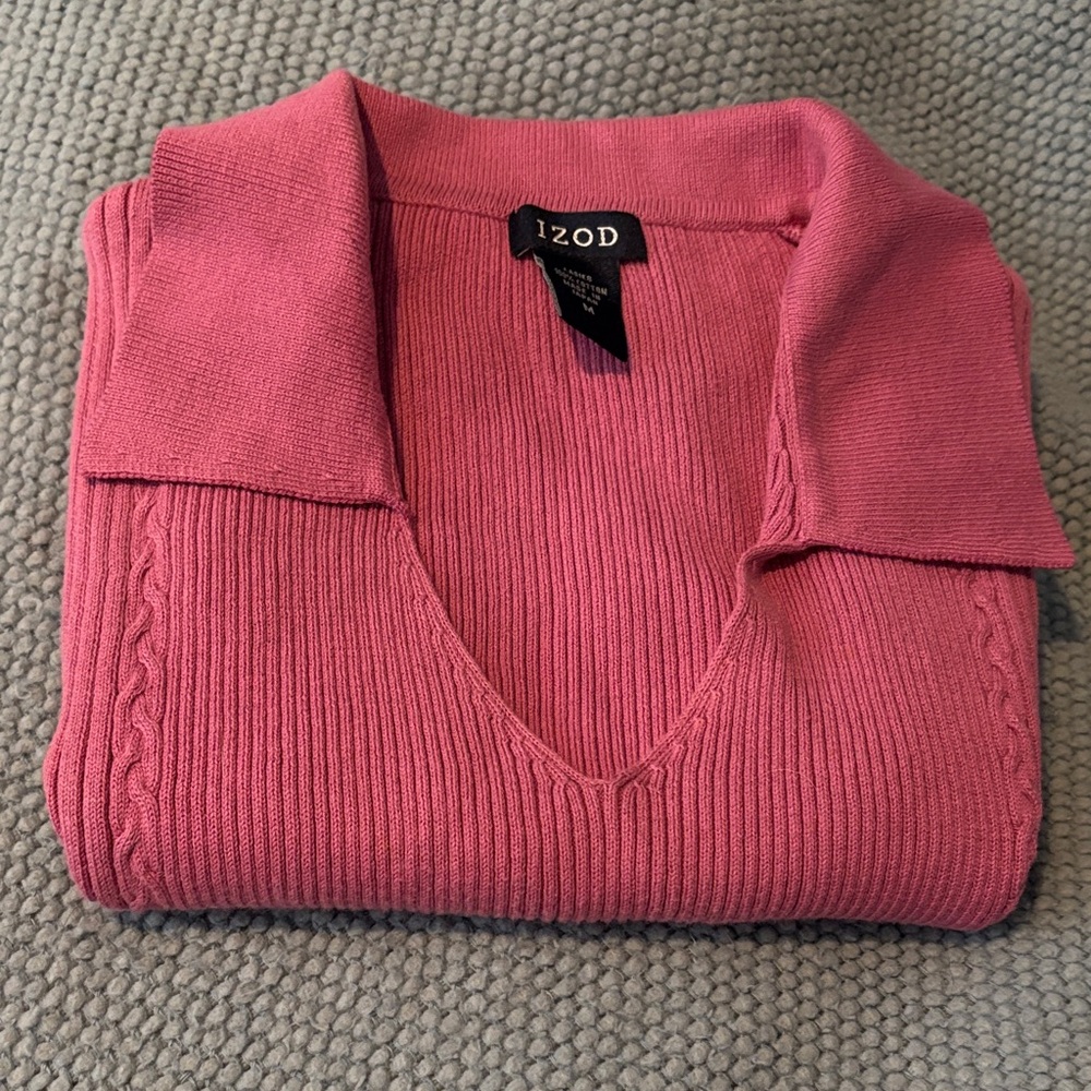 🔴Izod Pink/Coral Sleeveless Ribbed Top  V- Neck With Collar, Size M